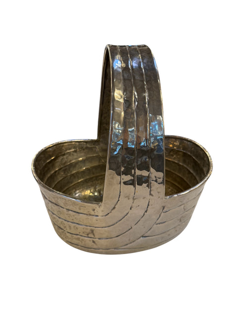 Italian Hammered Silver-Plated Basket with Sculptural Handle, 1970s