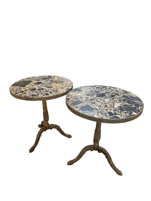 Pair of Italian Brass Pedestal Side Tables with Marble Tops, 1970s