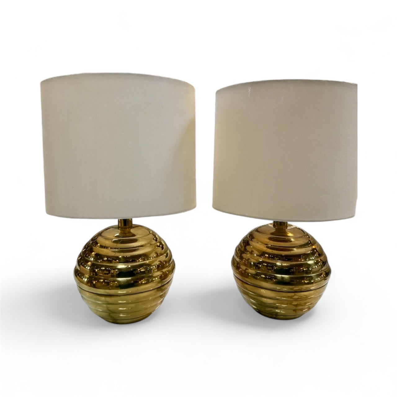 Pair of Brass Ribbed Base Table Lamps with Drum Shades