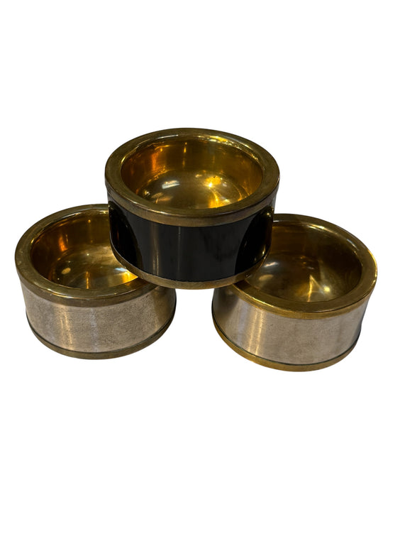 Set of Three Vintage Italian Brass and Black Lacquer Salt Cellars, 1970s