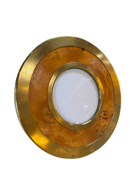 Vintage Round Brass & Burl Wood Picture Frame