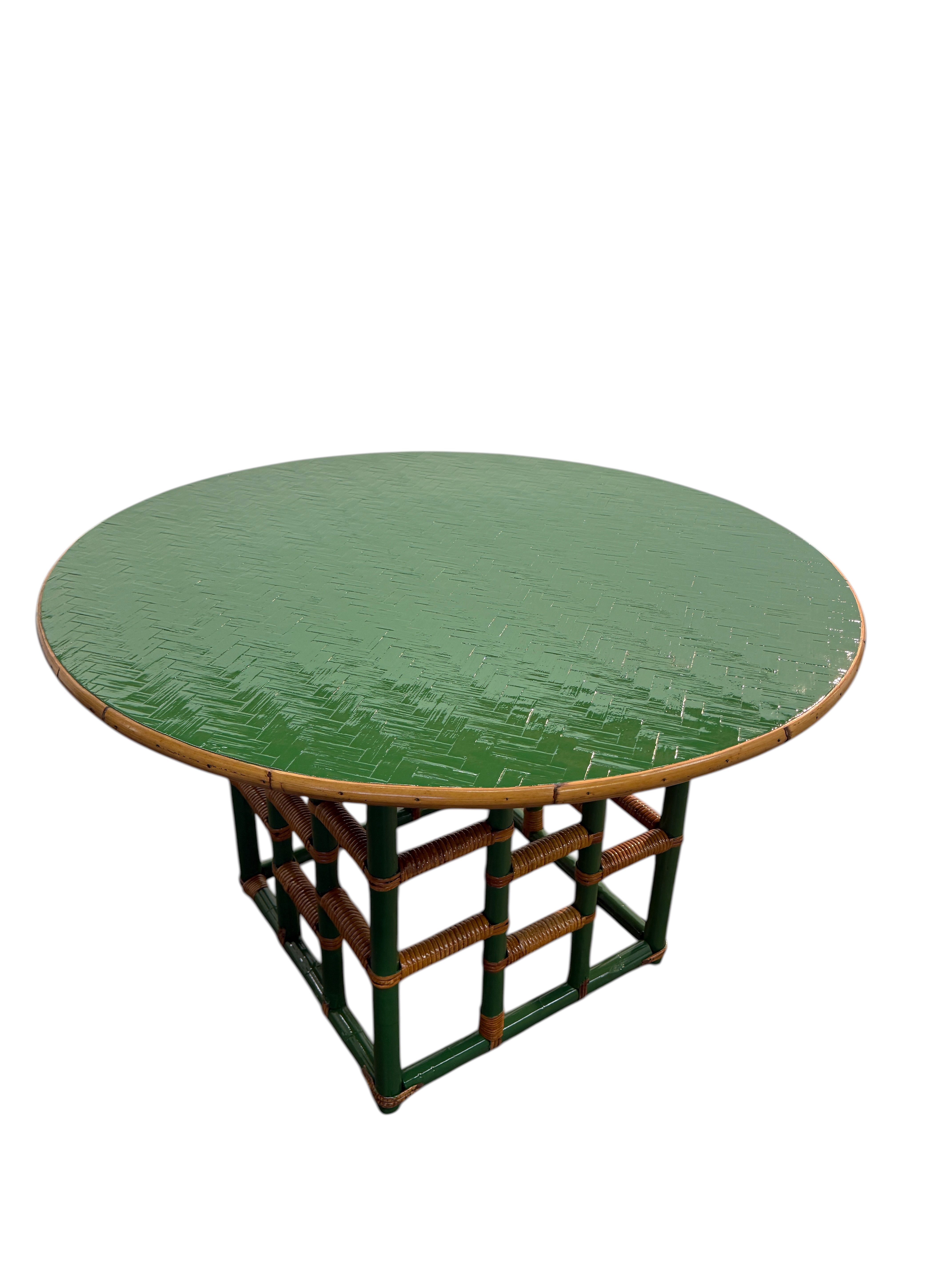 Vintage Green Faux Bamboo & Rattan Round Coffee Table