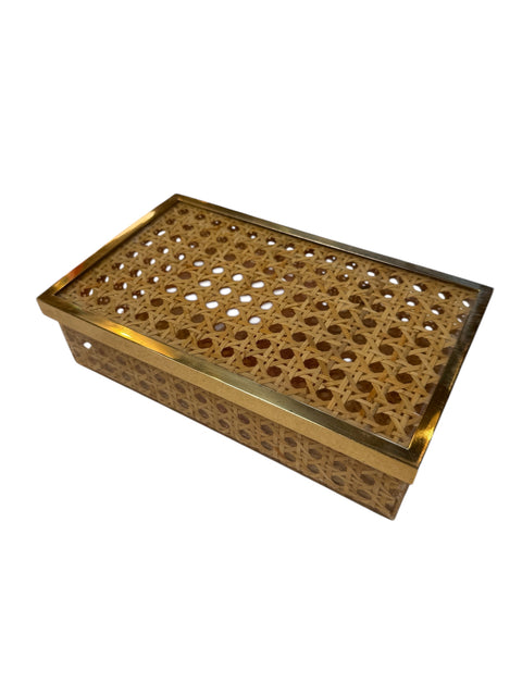 Vintage Lucite & Woven Rattan Storage Box with Brass Trim