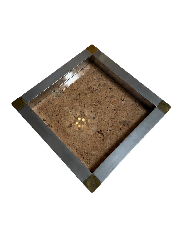 Vintage Cork and Metal Tray with Brass Corner Accents