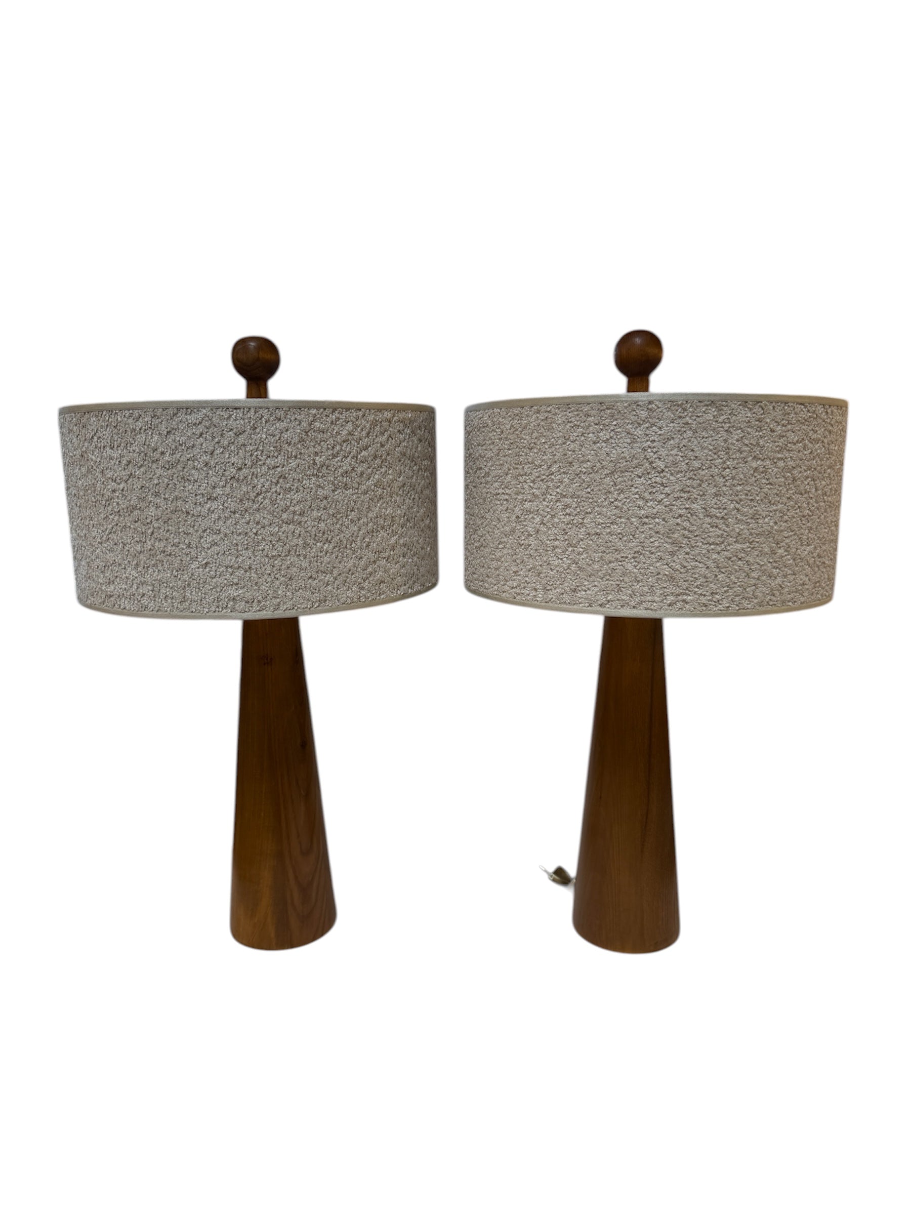 Pair of Mid-Century Modern Wood Table Lamps with Textured Drum Shades