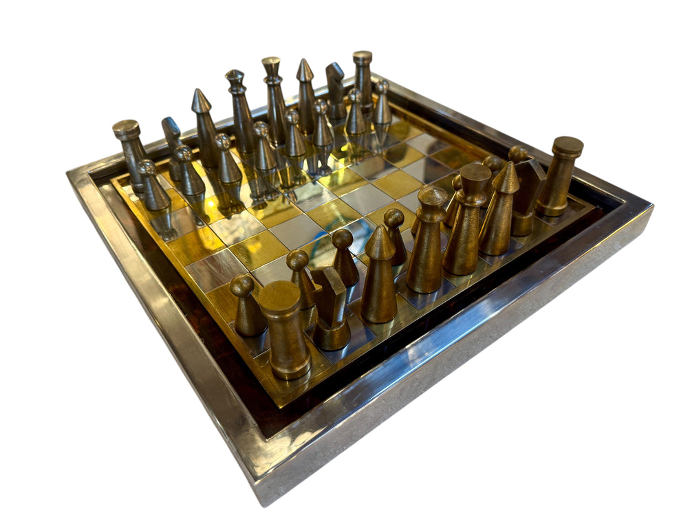 Vintage Modernist Brass & Chrome Chess Set with Sculptural Pieces