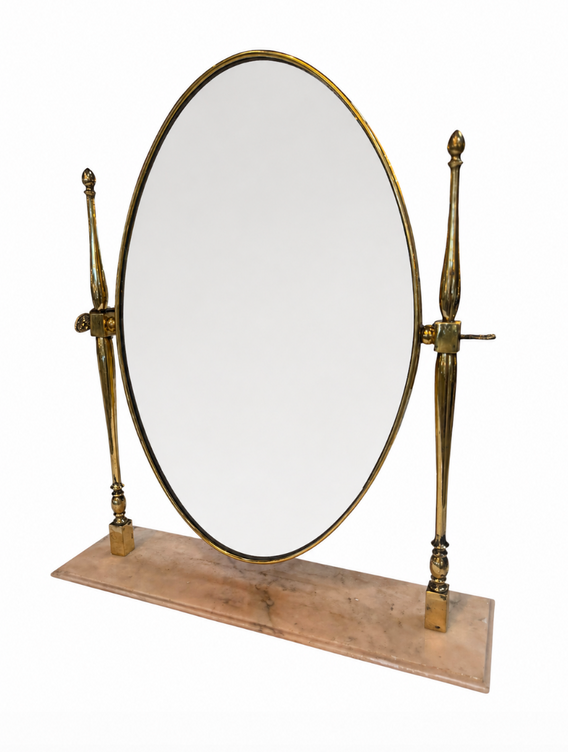 Vintage Brass Oval Vanity Mirror with Marble Base