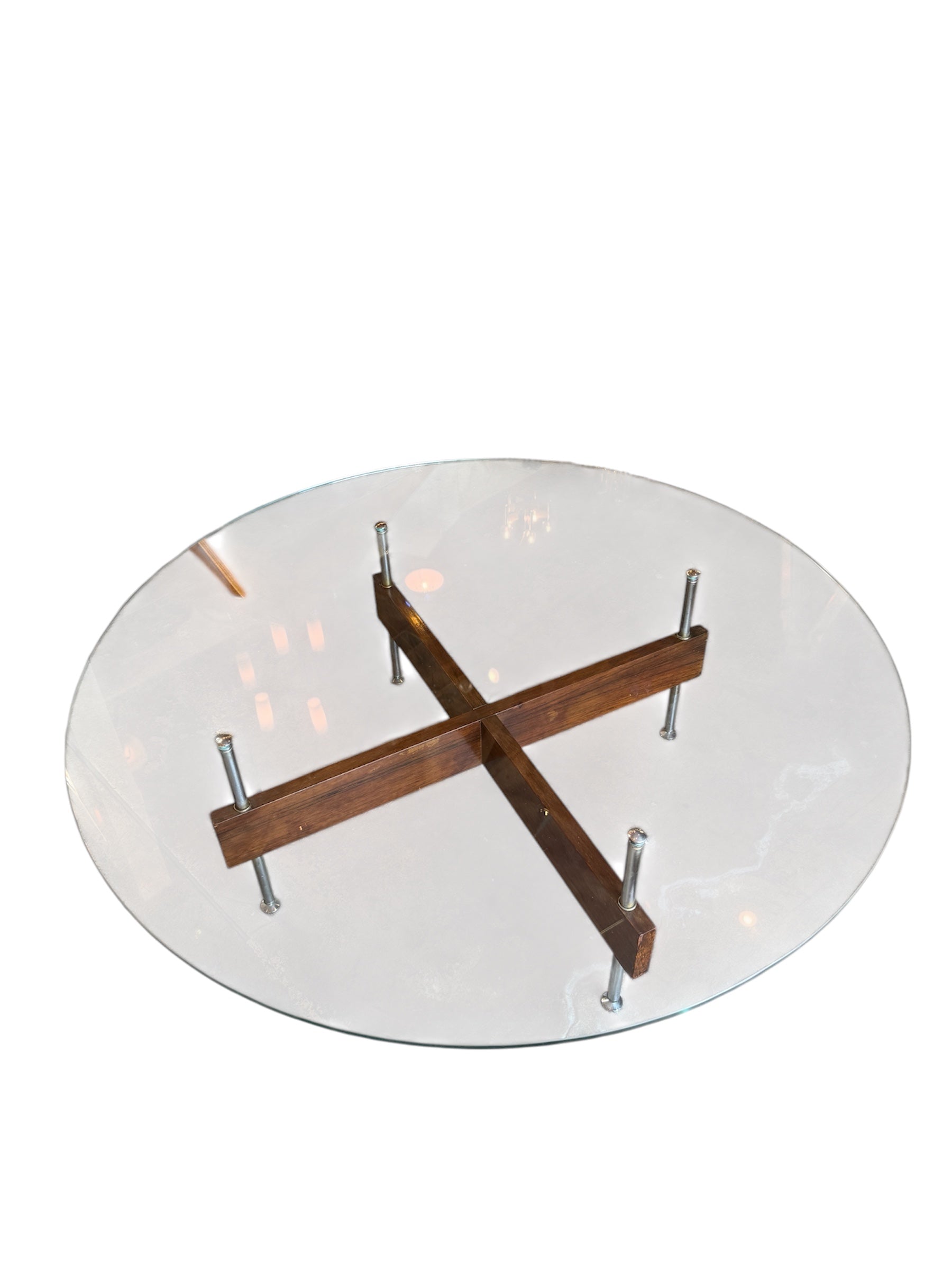 Italian Round Glass Coffee Table with Wood X-Base