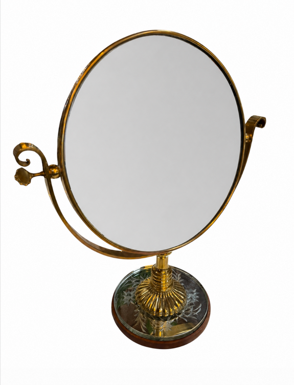 Vintage Brass Vanity Mirror with Etched Glass Base and Wood Trim