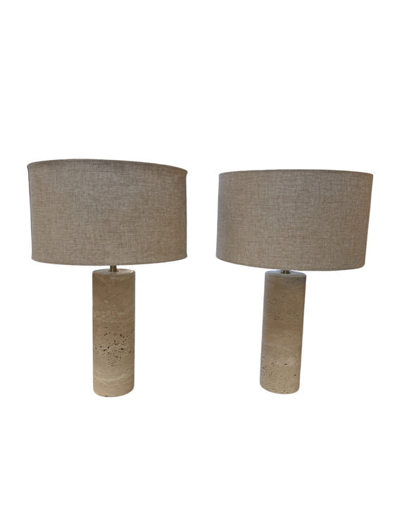 Pair of Travertine Cylinder Table Lamps with Linen Drum Shades