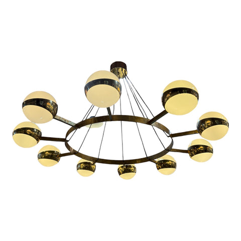 Large Stilnovo Ten-Light Brass and Opaline Chandelier, Italy, circa 1960s