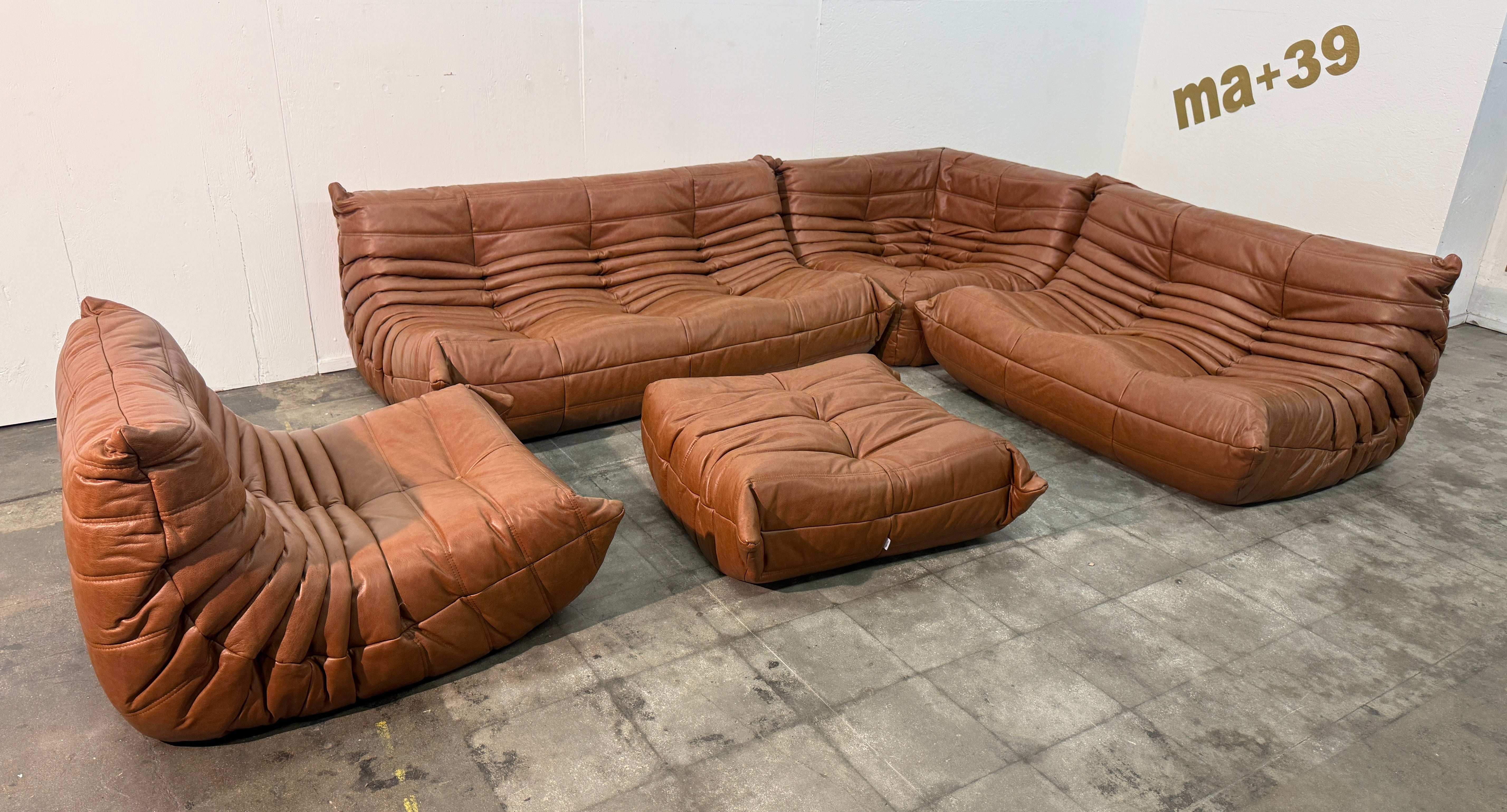 Set of 5 Togo Sofa in Cognac Leather by Michel Ducaroy for Ligne Roset, 1970s
