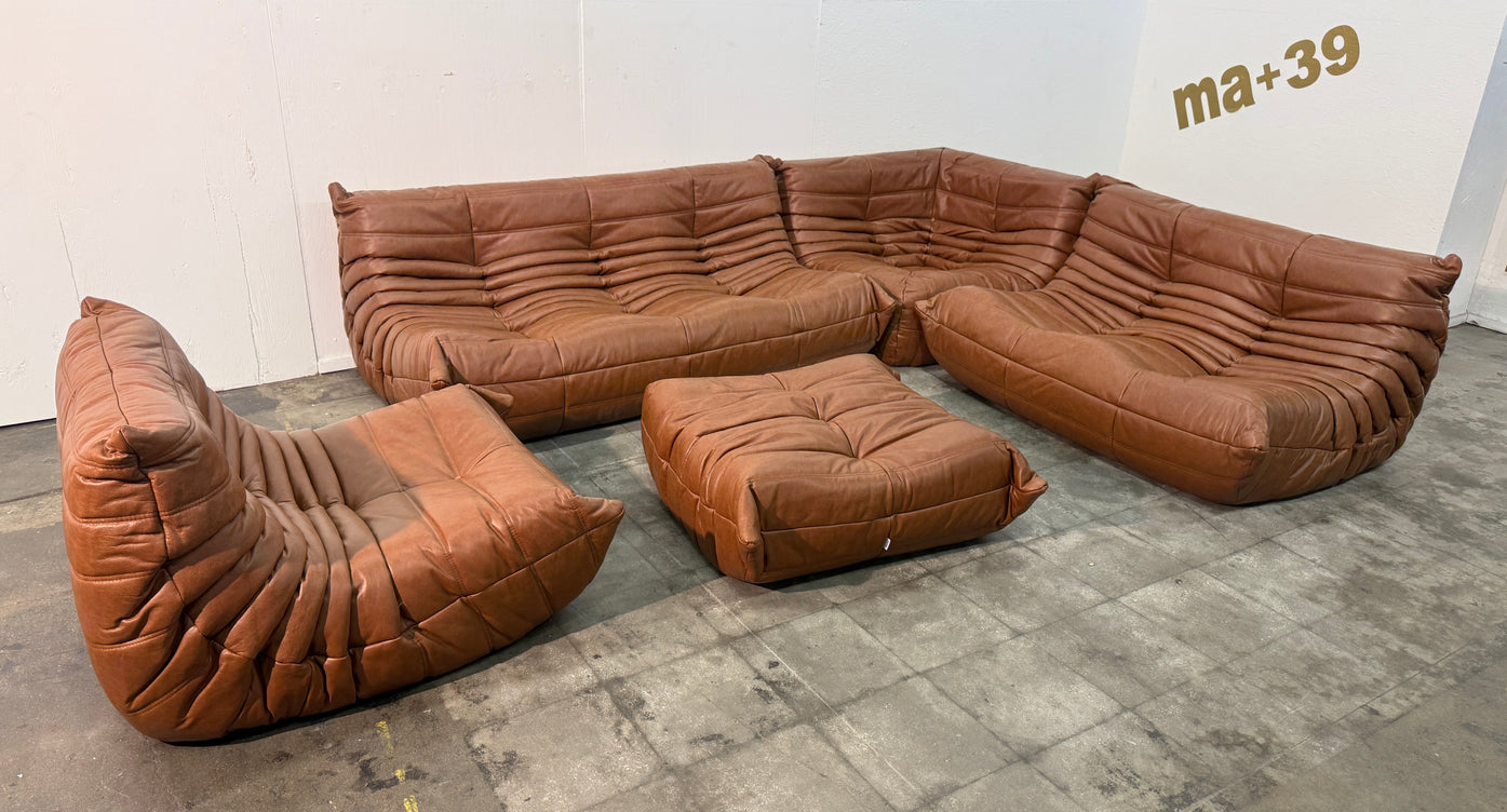 Set of 5 Togo Sofa in Cognac Leather by Michel Ducaroy for Ligne Roset, 1970s