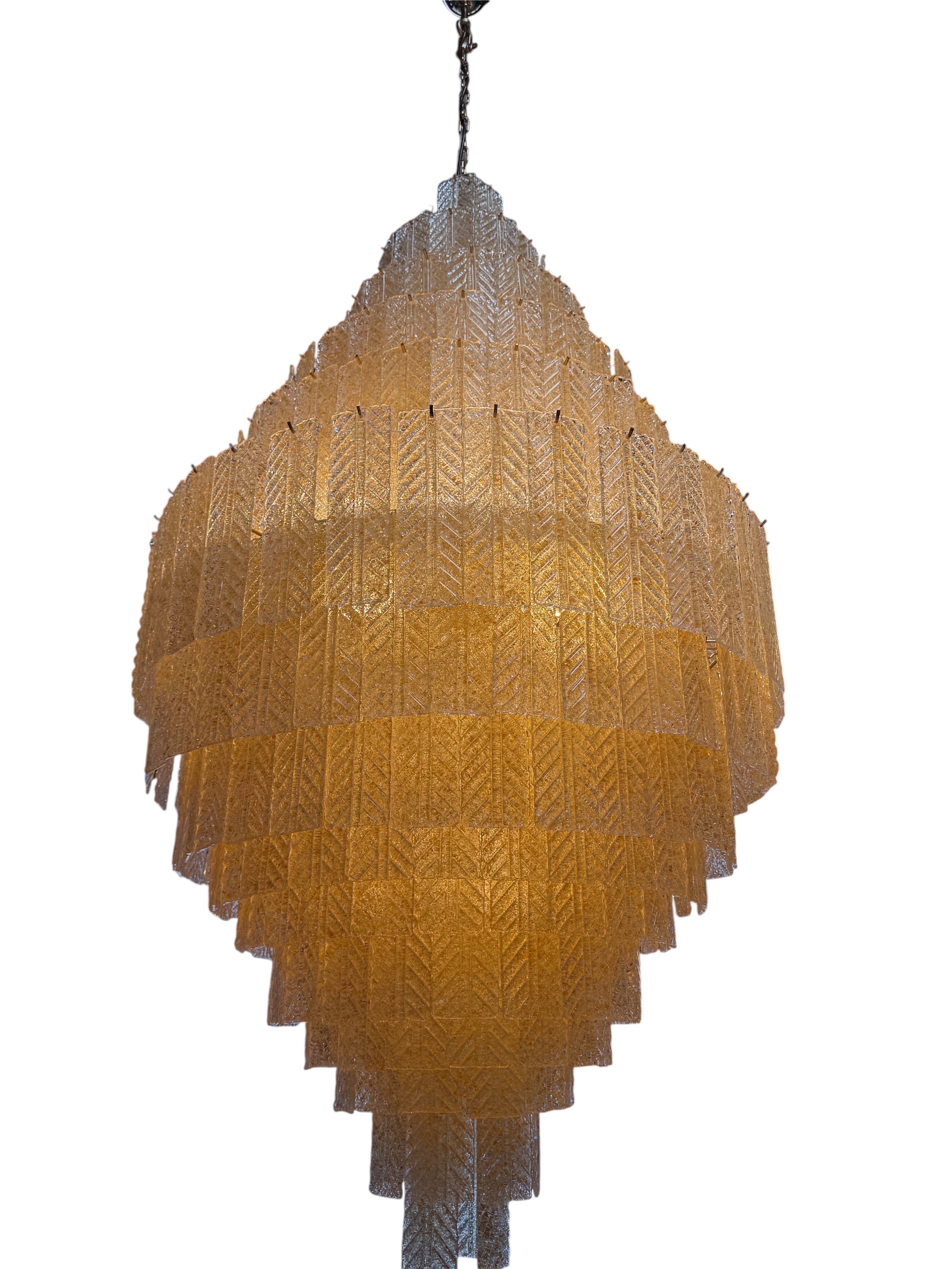 Monumental Amber Textured Glass Leaf Tiered Chandelier
