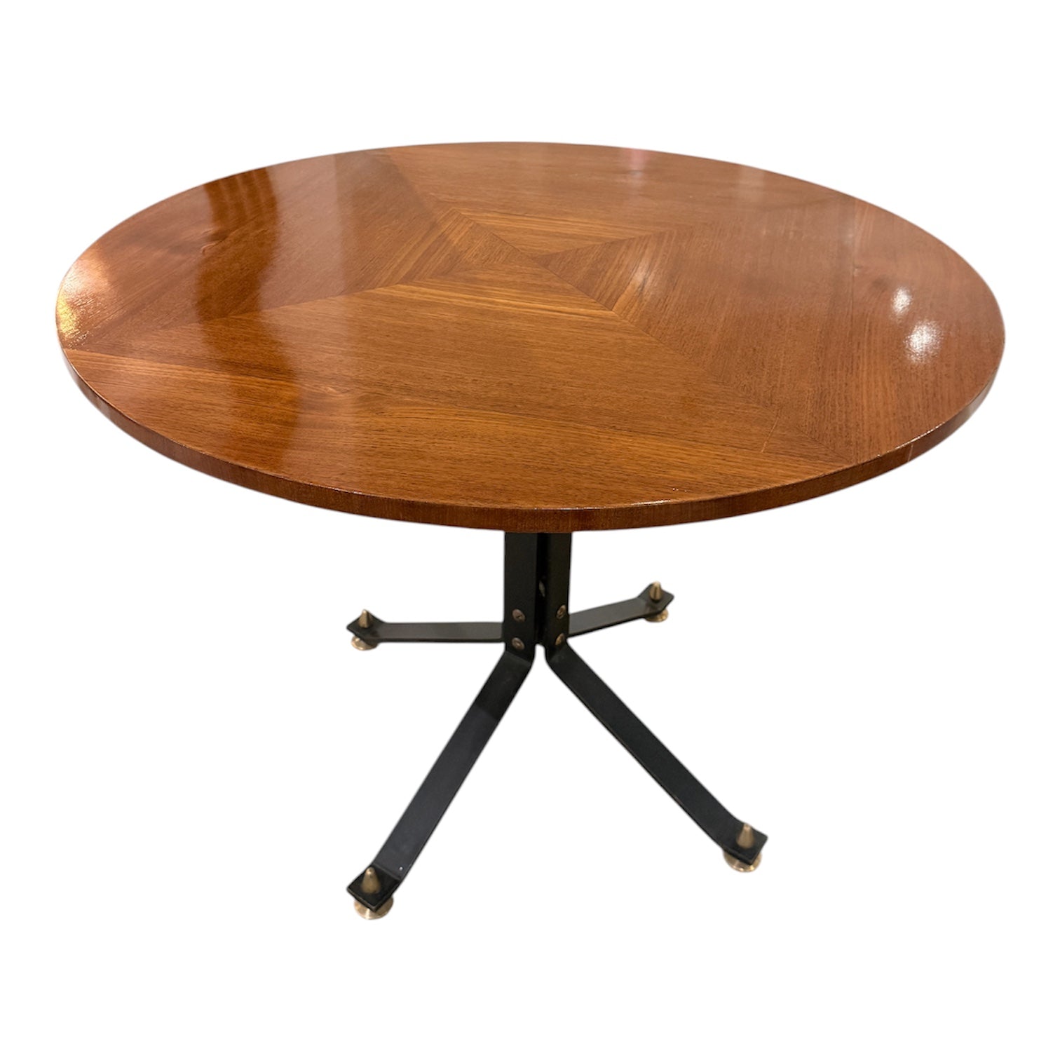 Carlo Ratti Geometric Walnut Round Table with Iron Base, Italy, 1950s