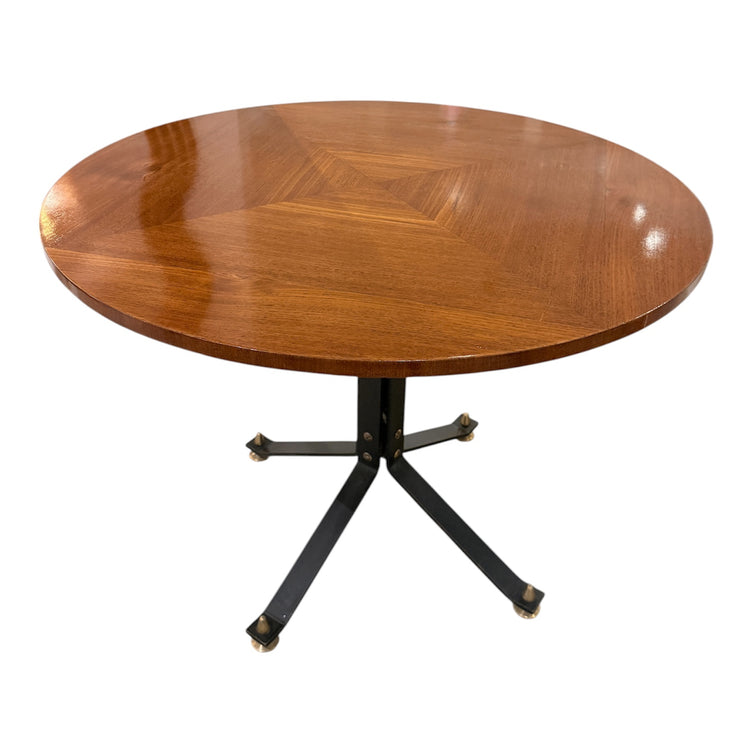 Carlo Ratti Geometric Walnut Round Table with Iron Base, Italy, 1950s