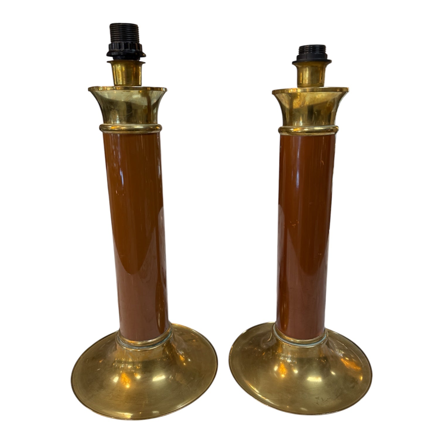 Pair of Mid-Century Modern Brass and Brown Lacquer Table Lamps