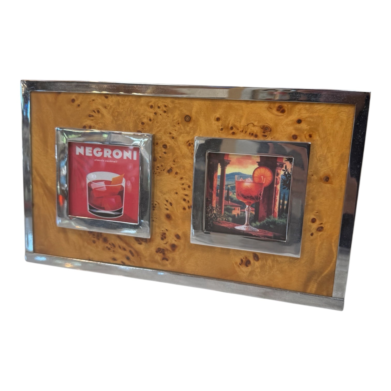 Vintage Burl Wood & Chrome Double Photo Frame