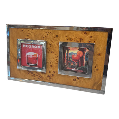 Vintage Burl Wood & Chrome Double Photo Frame