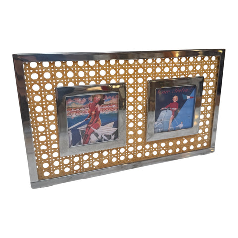 Vintage Chrome & Cane Double Photo Frame