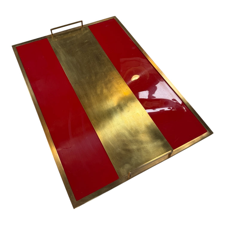 Vintage Red Lacquer & Brass Serving Tray with Handle