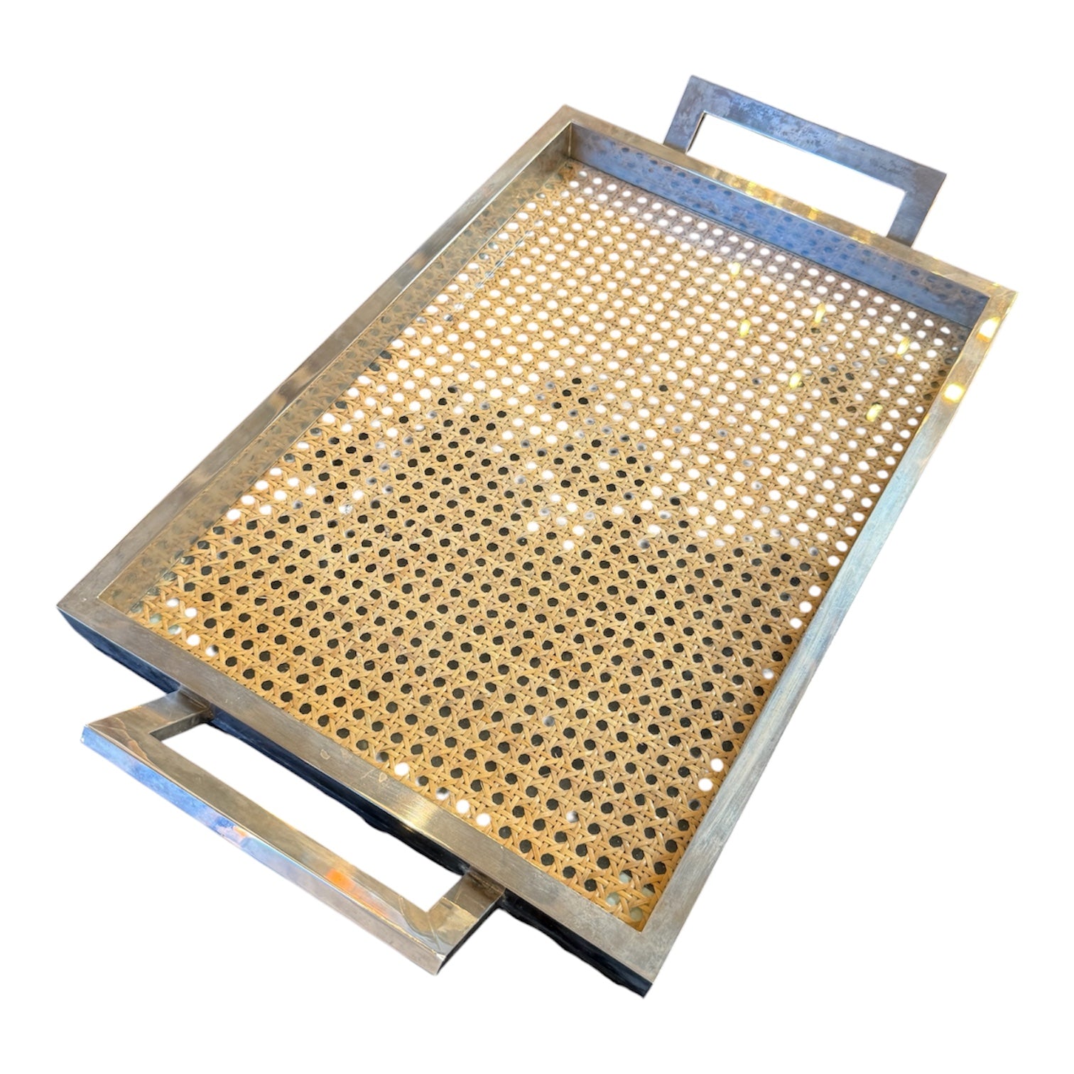 Italian Mid-Century Chrome and Vienna Cane Serving Tray, 1970s