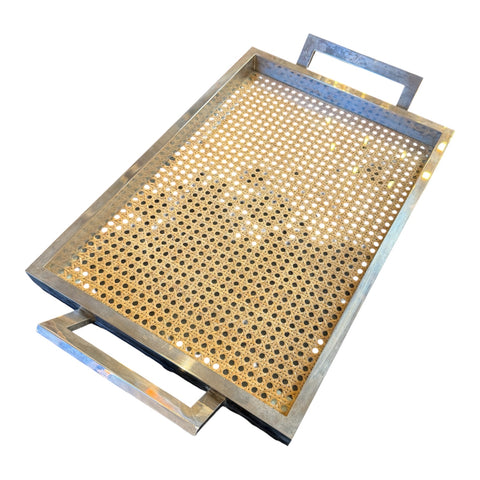 Italian Mid-Century Chrome and Vienna Cane Serving Tray, 1970s