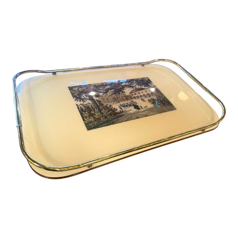 Vintage Italian Scenic Serving Tray with Brass Gallery Rail