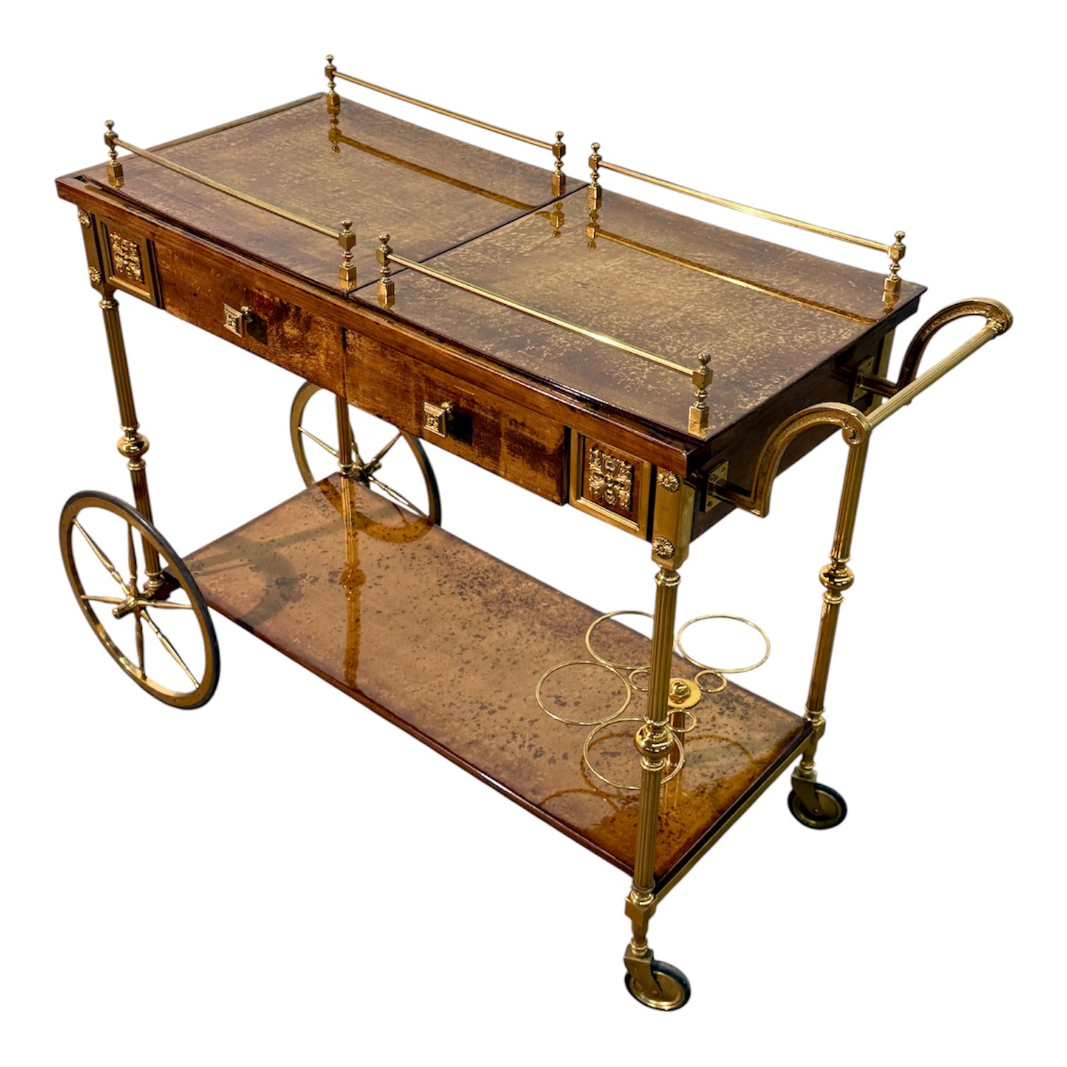Italian Burl Wood and Brass Bar Cart, 1950s