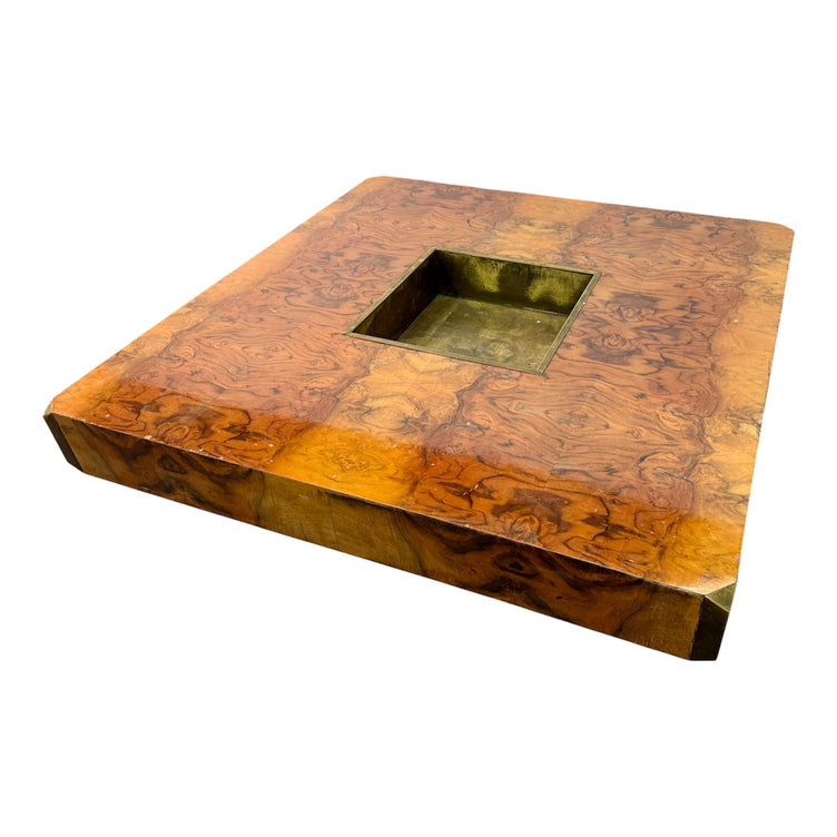 Willy Rizzo Burl Wood and Brass Coffee Table, Italy, 1970s