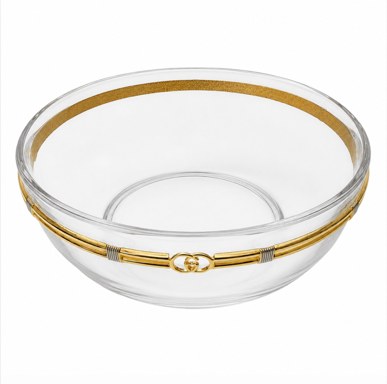 Vintage Gucci Glass Bowl with Gold-Tone GG Accents