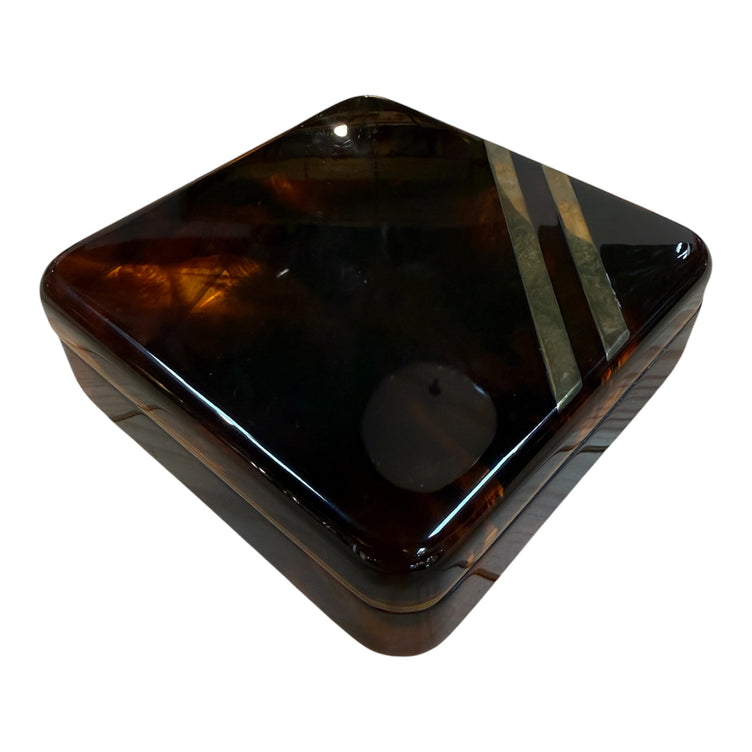 Vintage Tortoiseshell Lucite Trinket Box with Brass Stripe Accent, 1970s Modernist Design