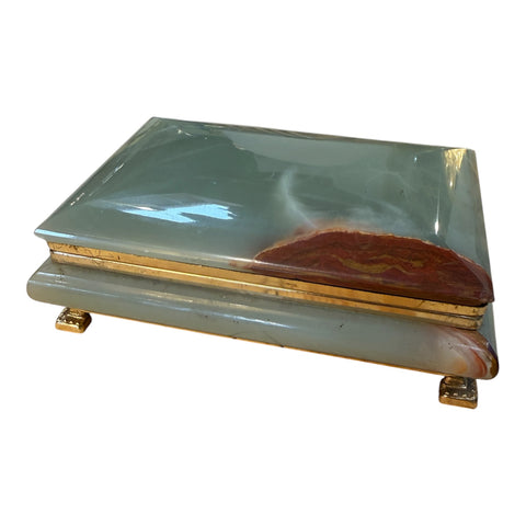 Vintage Italian Marble Jewelry Box with Brass Trim and Footed Base