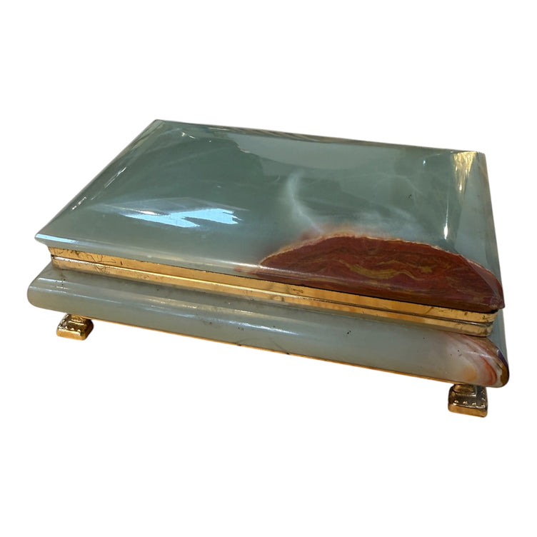 Vintage Italian Marble Jewelry Box with Brass Trim and Footed Base