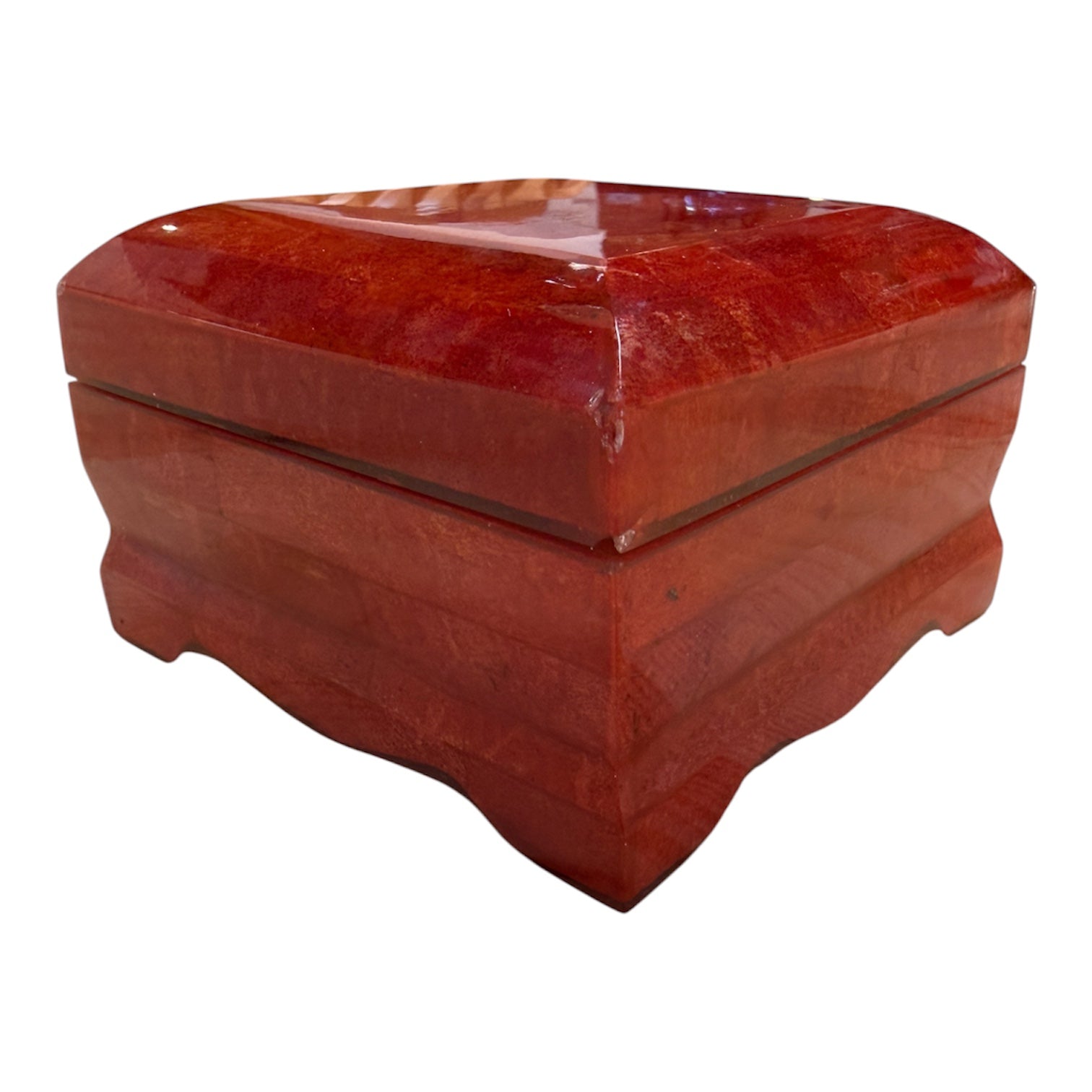 Vintage Red Lacquer Decorative Box with Scalloped Footed Base