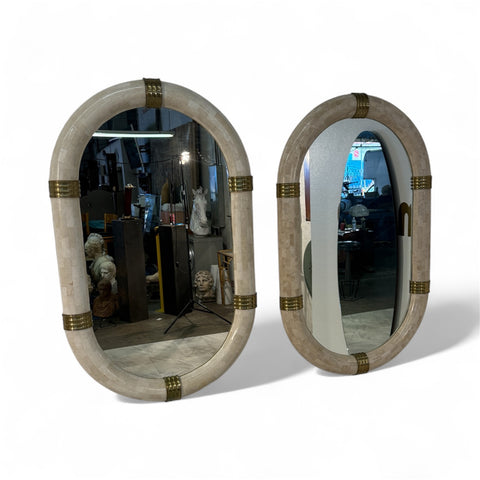 Pair of Italian Oval Mirror in Tessellated Stone with Brass Accents, 1980s