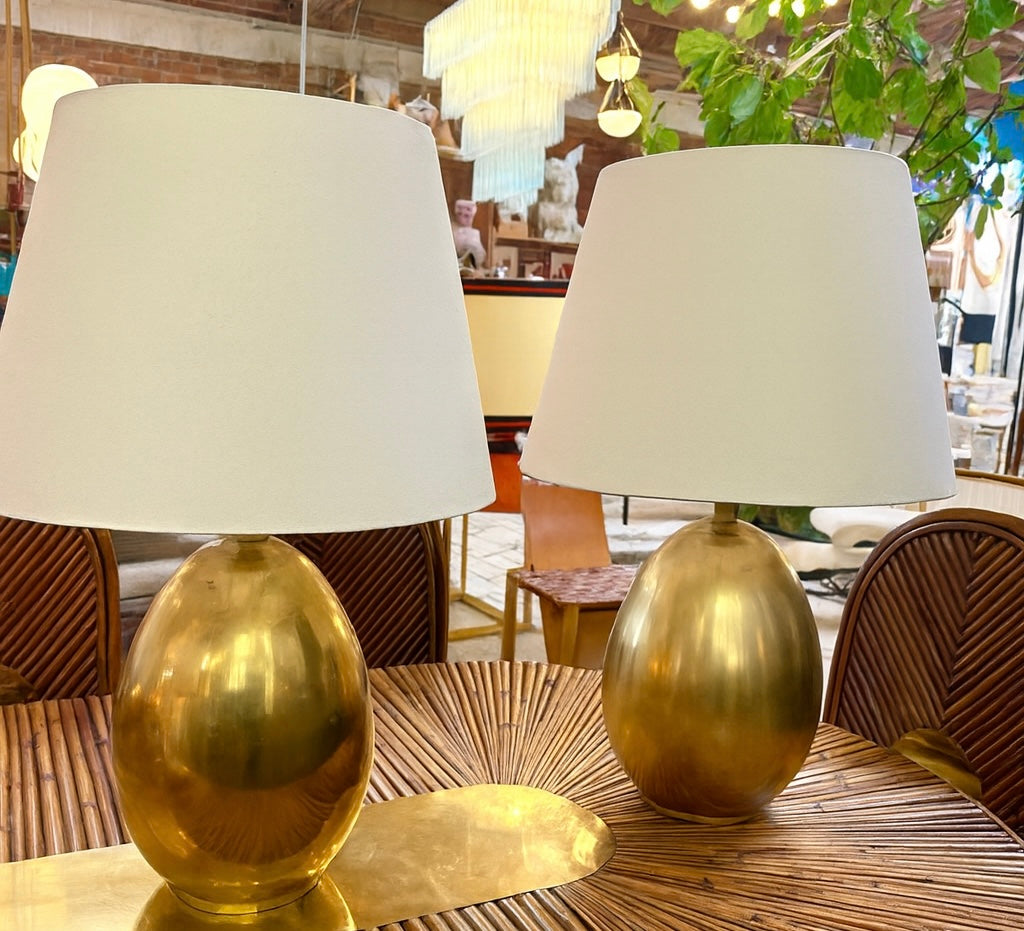 Pair of Brass Table Lamps with Cream Fabric Shades
