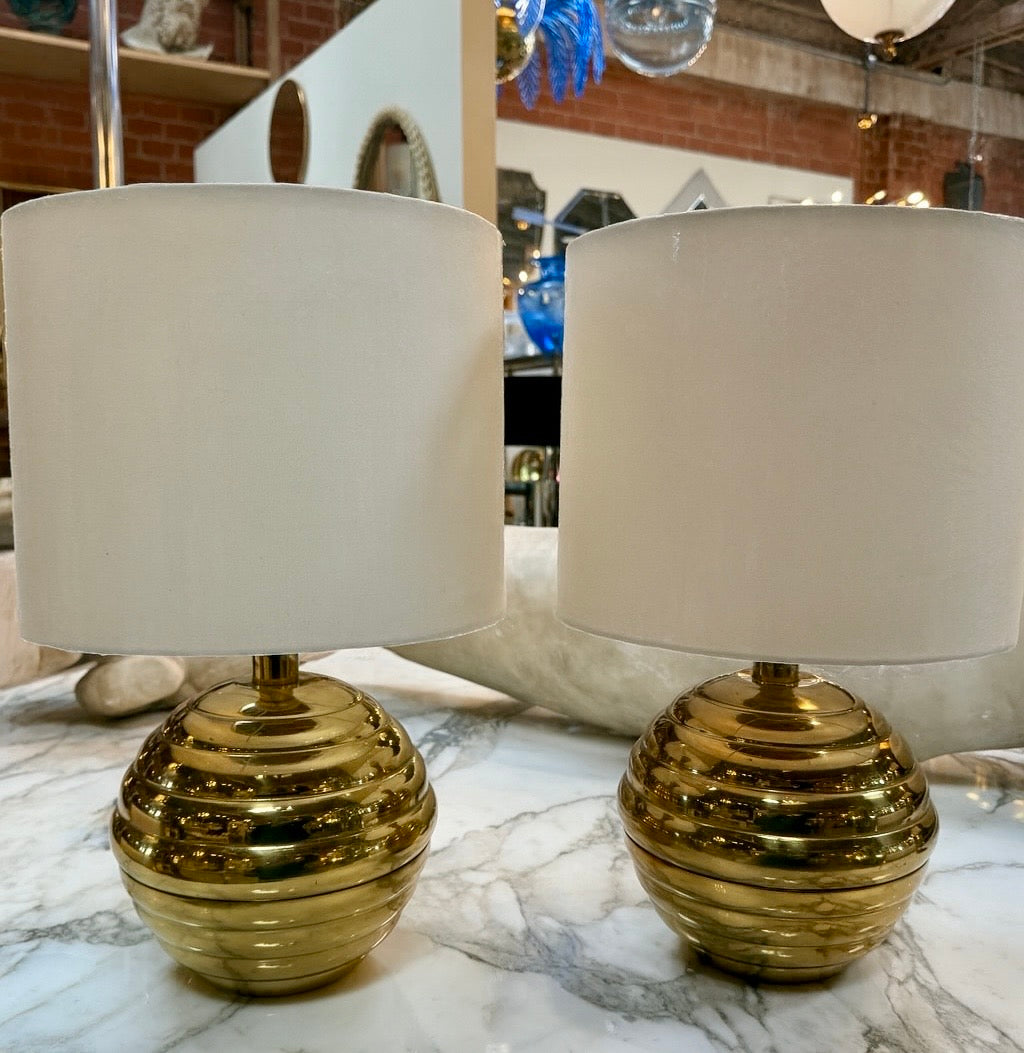 Pair of Brass Ribbed Base Table Lamps with Drum Shades