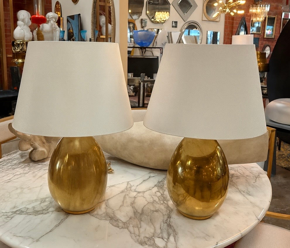 Pair of Brass Table Lamps with Cream Fabric Shades