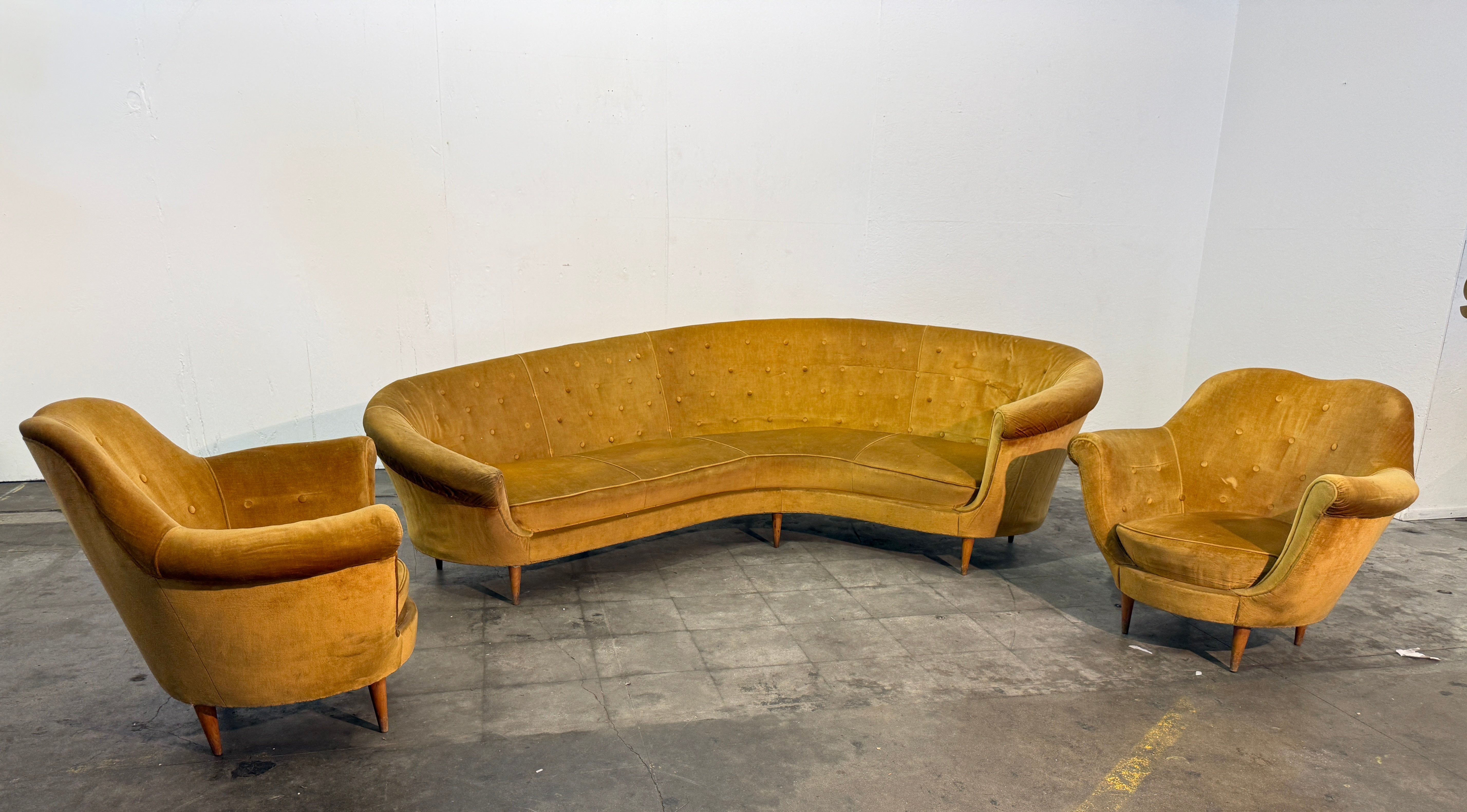 Curved Velvet Sofa by Federico Munari with Matching Armchairs, Italy, 1950s