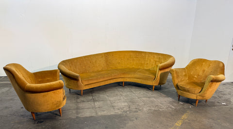 Curved Velvet Sofa by Federico Munari with Matching Armchairs, Italy, 1950s