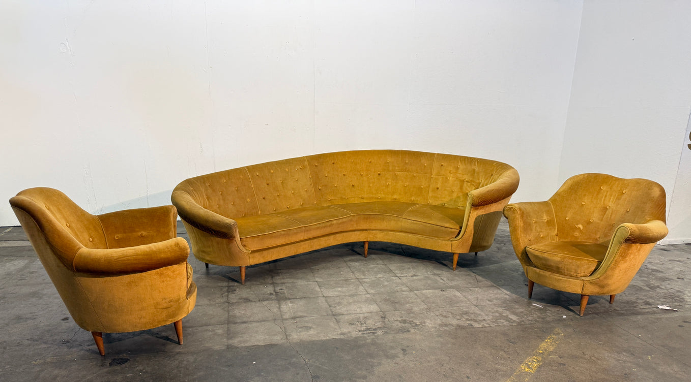Curved Velvet Sofa by Federico Munari with Matching Armchairs, Italy, 1950s