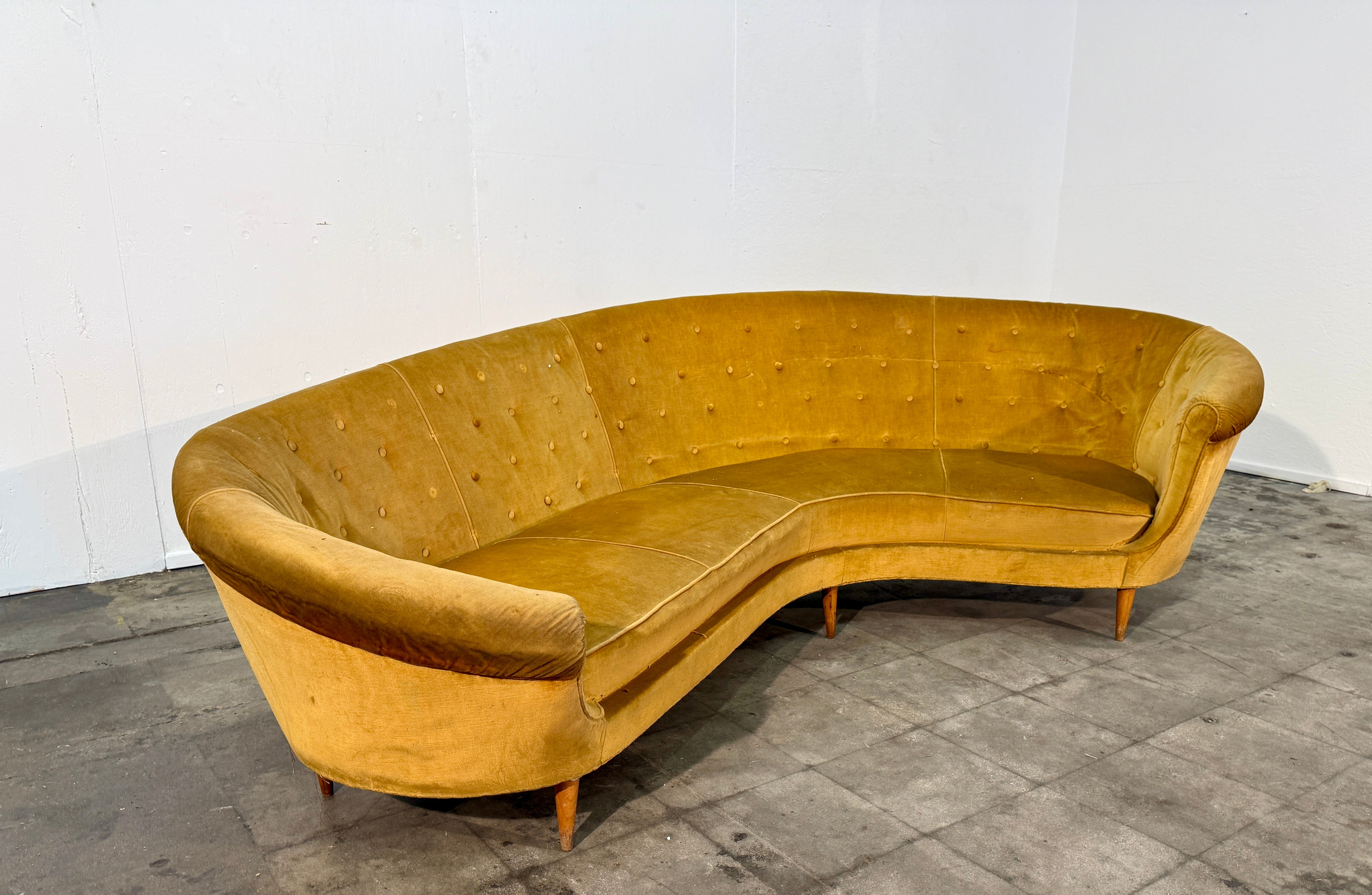 Curved Velvet Sofa by Federico Munari with Matching Armchairs, Italy, 1950s