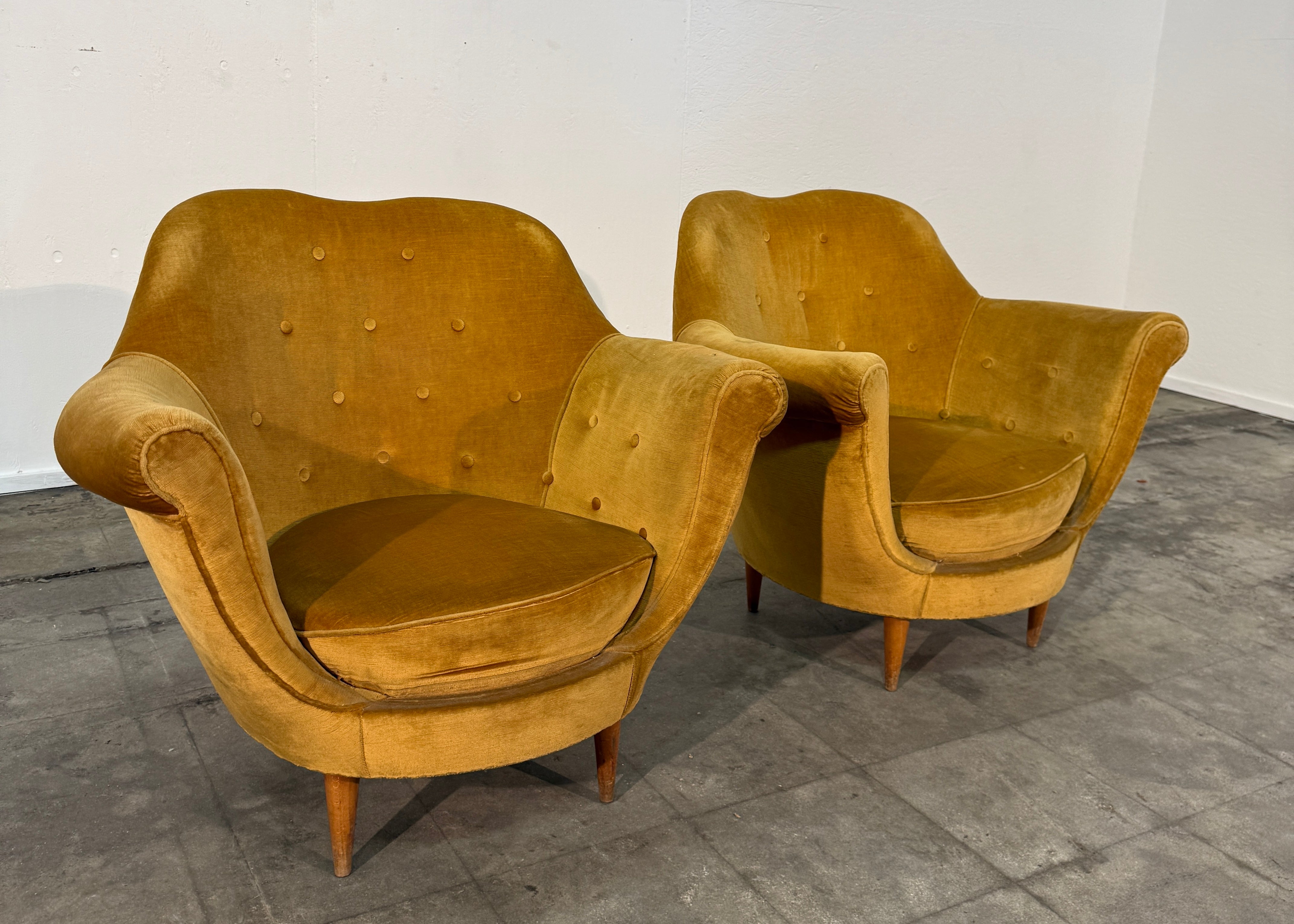 Pair of Velvet Armchairs by Federico Munari with Matching Sofa Available, Italy, 1950s