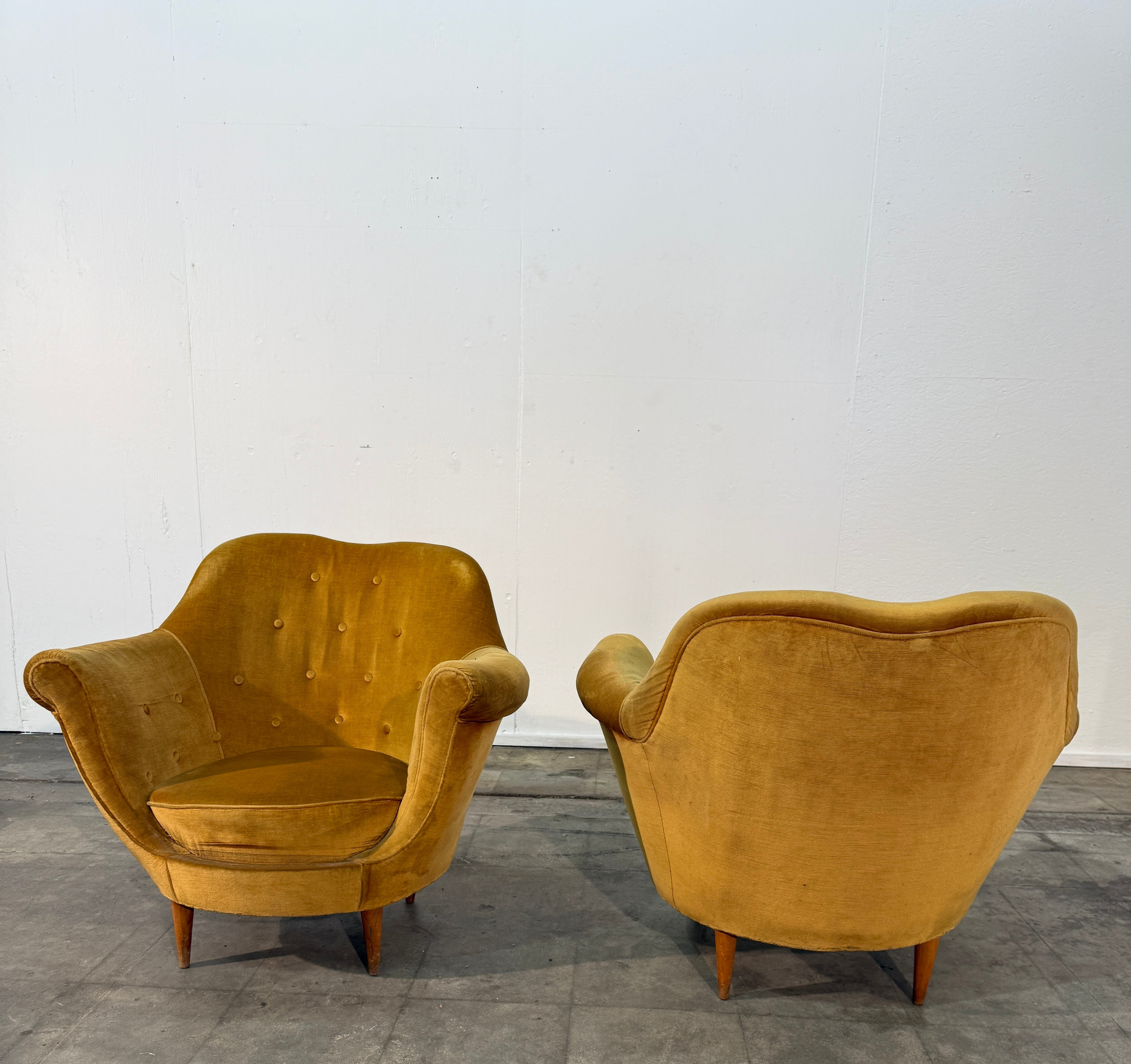 Pair of Velvet Armchairs by Federico Munari with Matching Sofa Available, Italy, 1950s