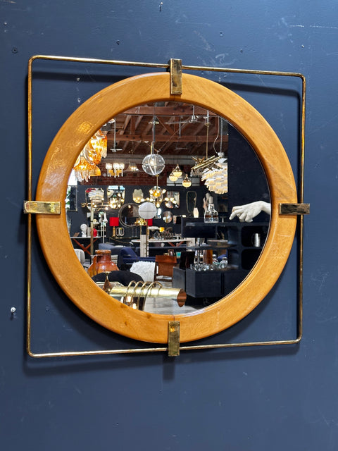 Vintage and Unique Brass Square and Wood Wall Mirror 1980s