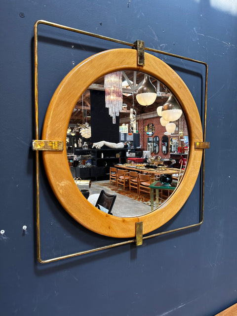 Vintage and Unique Brass Square and Wood Wall Mirror 1980s