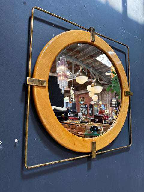 Vintage and Unique Brass Square and Wood Wall Mirror 1980s