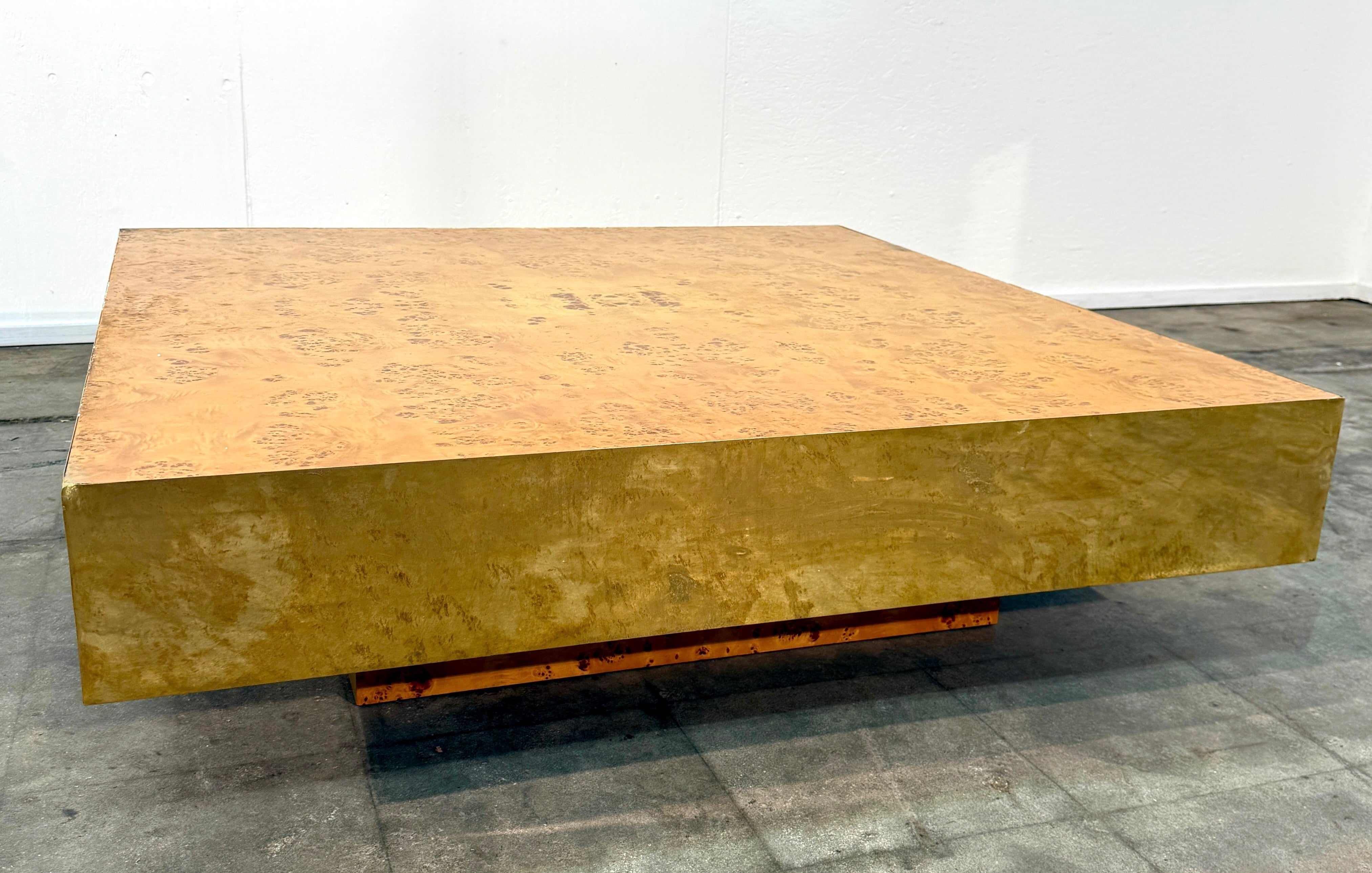 Italian Burl Wood Coffee Table with Brass Frame, 1970s