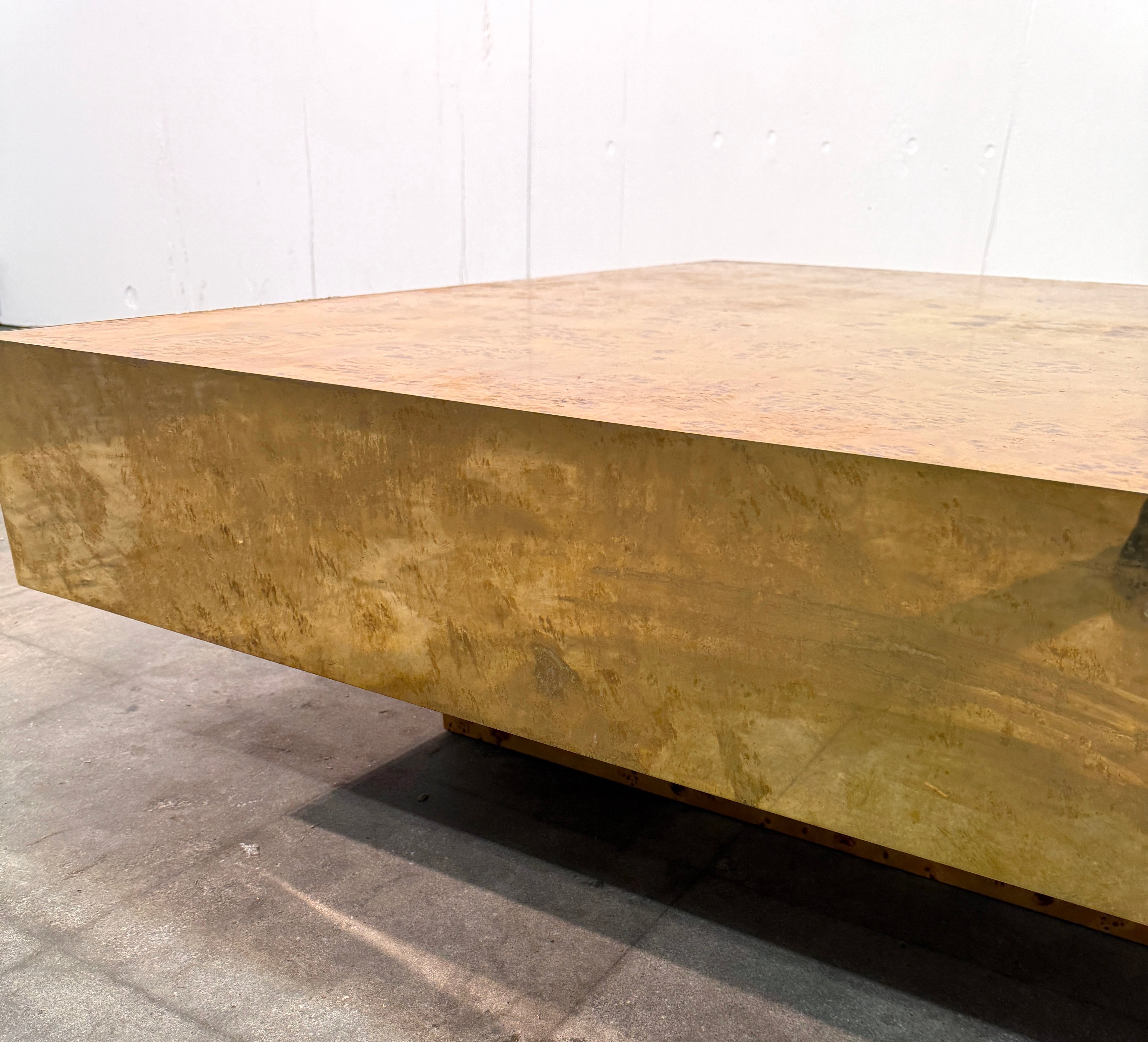 Italian Burl Wood Coffee Table with Brass Frame, 1970s